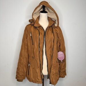 NWT Snobbish Caramel Winter Parka Coat Faux Fur Lining SIze L